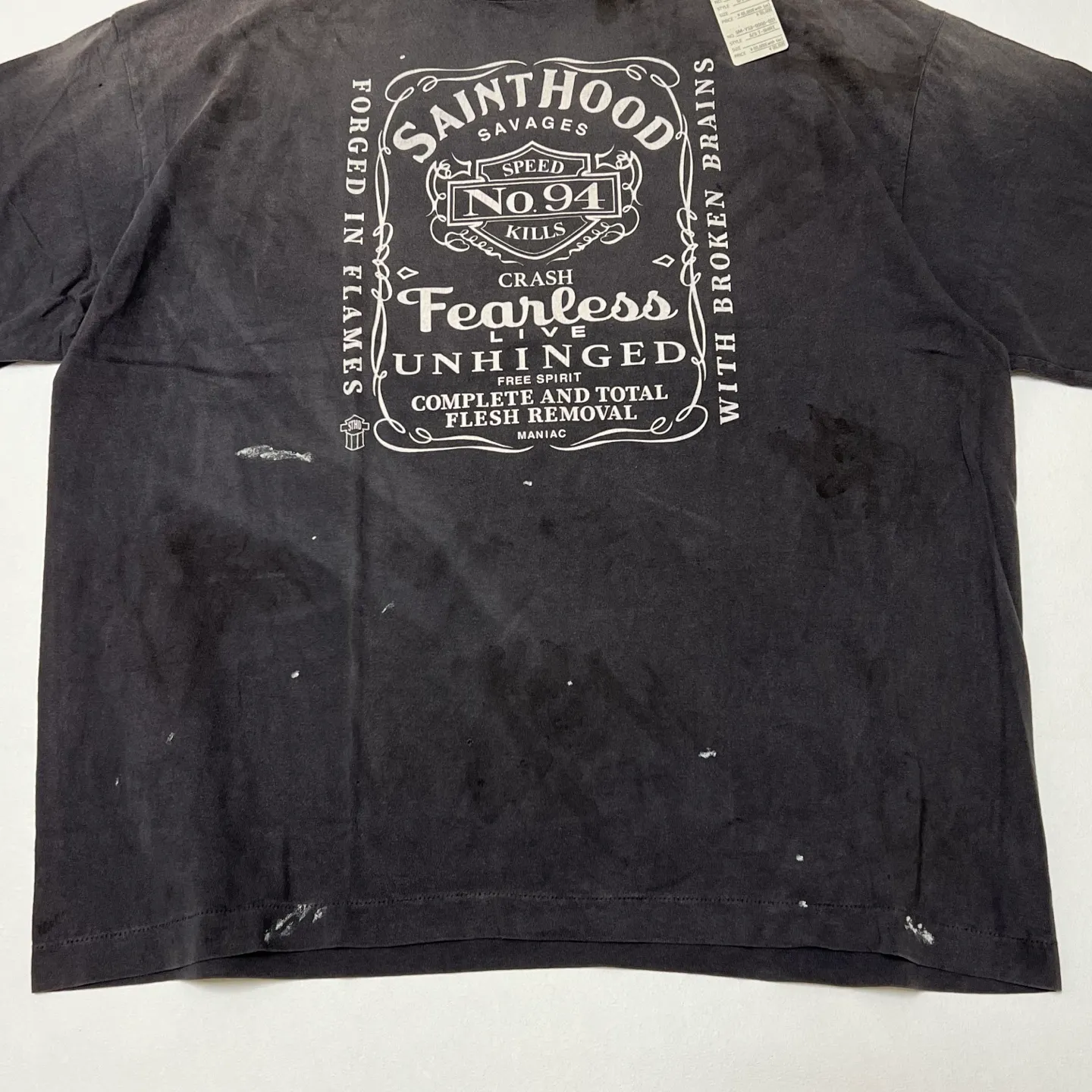 SAINT Mxxxxxx × NEIGHBORHOOD STHD . SS TEE FEARLESS/BLK NBHD Takizawa Shinsuke co-branded whiskey label/love skull angel distressed short sleeves washed black S-XL tube weave without side seam fabric ready-made Assute dyeing custom-woven NBHD co-branded main mark washed mark truly correct version top-level printing process restoration distressed treatment